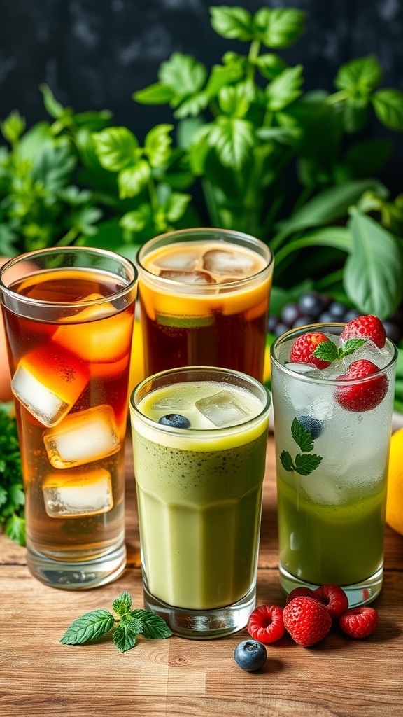 A variety of low carb brewed drinks including herbal tea, iced coffee, matcha latte, and infused water with berries.